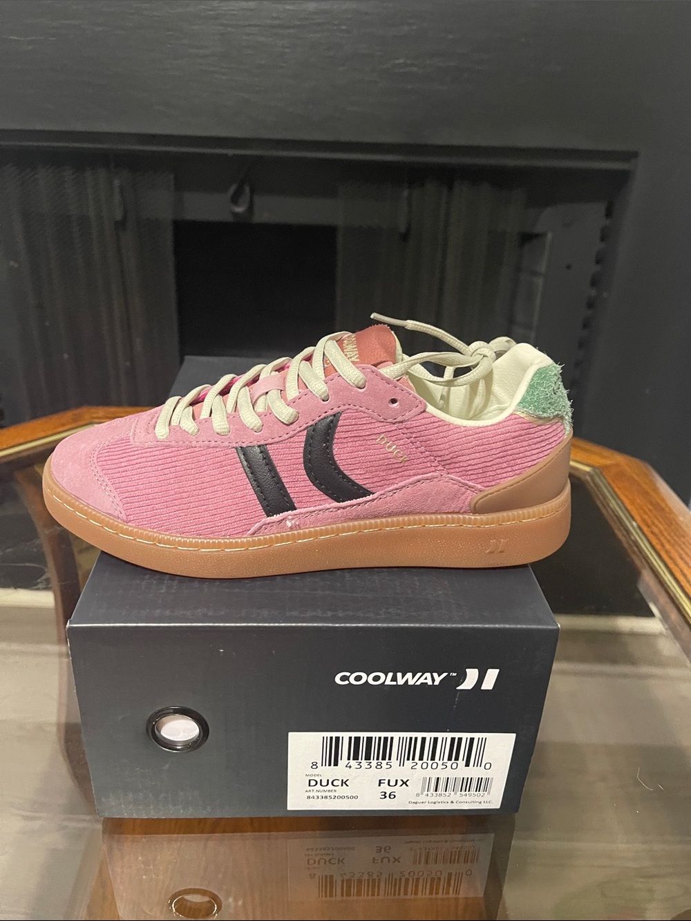 Coolway Pink Corduroy Low-Top Sneaker with Black Stripe and Gum Sole